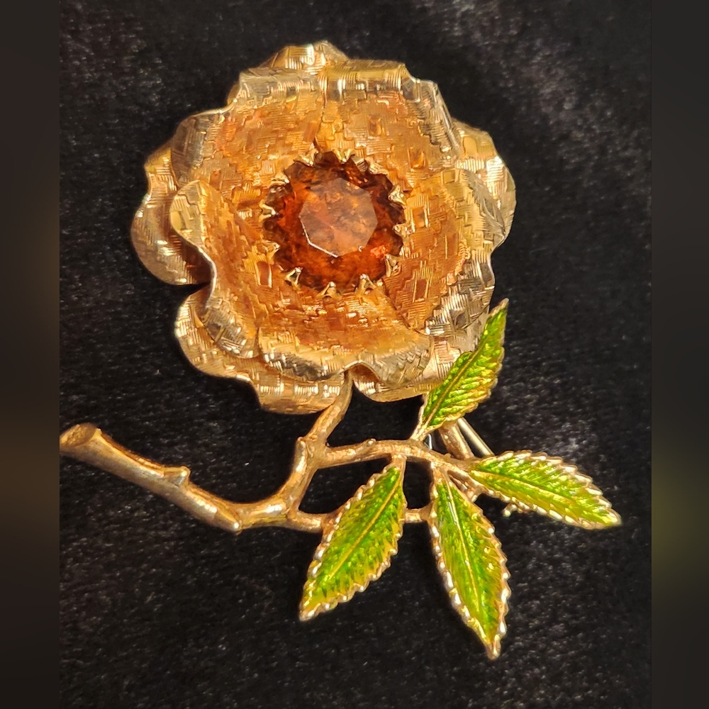 Vintage Sarah Coventry Faceted Amber Rhinestone Enamel Brooch Geometrical Detail